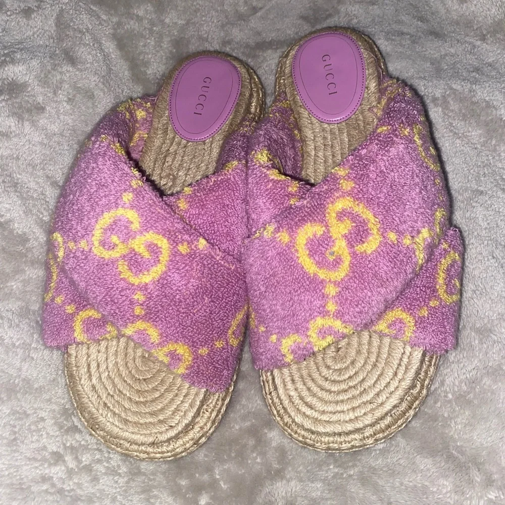 Gucci Pink & Yellow Terry Crossband Espadrille Slides - Picture 1 of 4